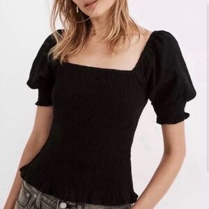 Madewell Lucie Smocked Top Medium Black Puff Sleeve Square Neck Cottagecore